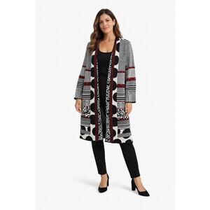 Chico's Women Open Front Mixed Print Jacquard Knit Cardigan Black Red White 3 XL